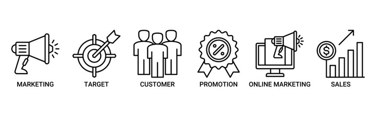 Advertising icon set. Containing icon of marketing, target, customer, promotion, online marketing, and sales icons. Outline vector symbol background.