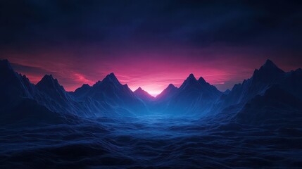 Dramatic Mountain Landscape at Dusk with Deep Blue and Purple Skies, Captivating Natural Scene