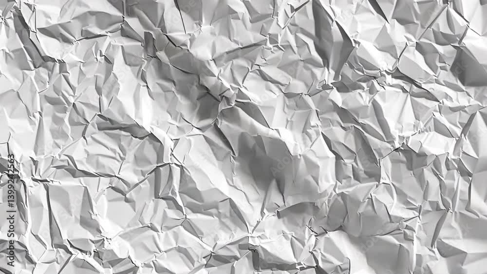 Poster crumpled white paper texture with intricate folds and shadows creates abstract background, enhancing