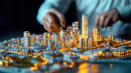 Obraz premium Detailed miniature city model with illuminated buildings and a focused hand arranging the urban environment