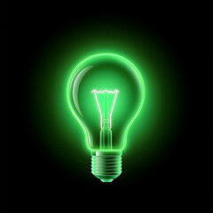 Glowing green lightbulb on black background; energy efficiency concept