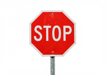 A vibrant red stop sign with clear white lettering mounted on a metal pole against a white background