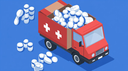Emergency medical supply delivery urban area digital illustration health environment aerial view logistics concept