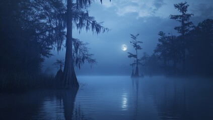 Misty swamp at night under a full moon.  Silhouette trees reflected in still water