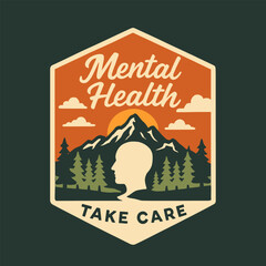 Mental Health Awareness Badge with Mountains Forest and Person Silhouette