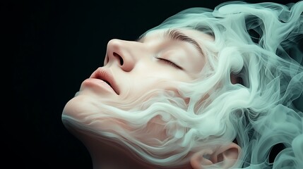 Serene woman with closed eyes surrounded by smoke or clouds against a dark backdrop