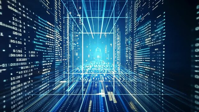 Futuristic Digital Landscape Exploring Depth with Glowing Blue Lines, Binary Code, and Abstract Data Streams in Technology Driven Innovation