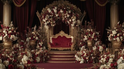 Obraz premium A Luxurious Stage Decorated with Flowers and Elegant Red Fabrics