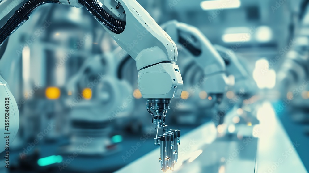 Poster ai-driven robotic arms assembling products with maximum precision.