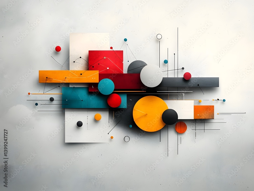 Poster multicolored diagrams geometric shapes and interconnected visual representations displayed on a text