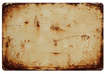 A heavily rusted and weathered metal sign with a light beige center and dark brown edges showing age