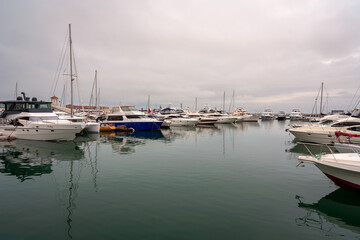 View of yachts moored at the Sochi Sea Station on a sunny morning, Sochi, Krasnodar Krai, Russia