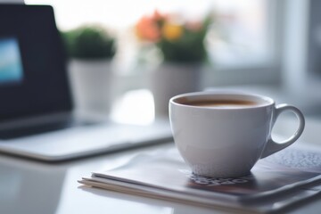 A cup of coffee rests on a stack of papers on a bright white surface.