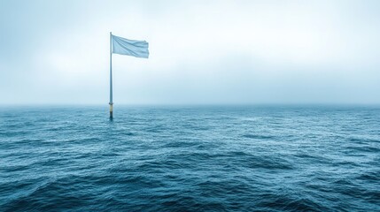 Solitary White Flag in Misty Ocean: A Symbol of Surrender or Hope