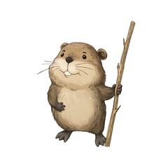 Cartoon young beaver gathering sticks