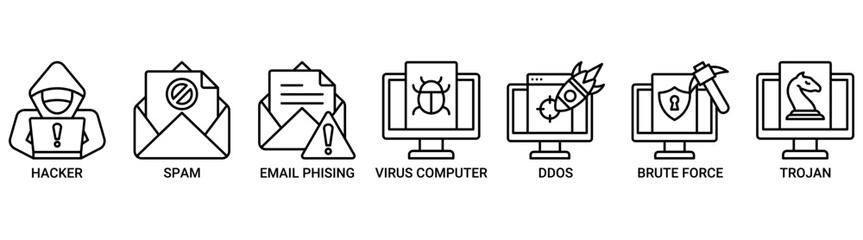 Cyber crime icon set. Containing icon of hacker, spam, email phishing, virus computer, ddos, brute force, trojan icons. Outline vector symbol background.