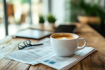 A cup of latte art atop a stack of newspapers on a wooden table.