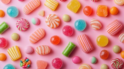 A colorful assortment of candy is spread out on a pink background