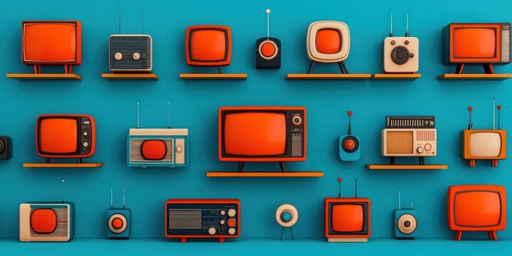 Retro Televisions and Radios Displayed on Shelves