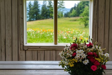 Fototapeta premium Summer Flowers Bouquet Window View Rustic Wooden Table