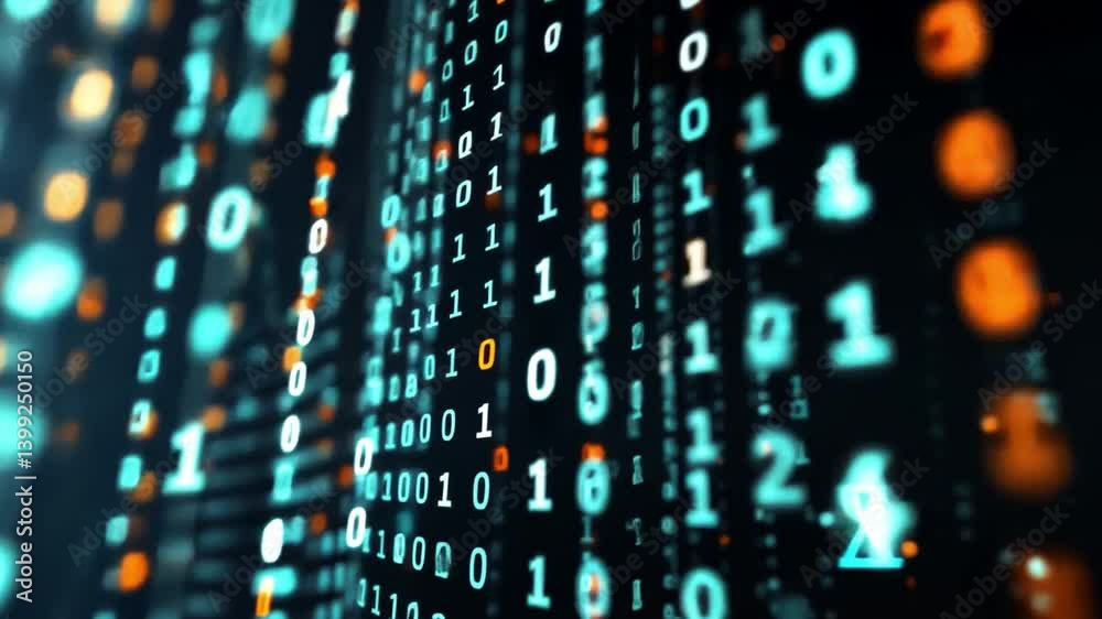 Poster vibrant digital data streams futuristic visualization of binary code, numbers, and symbols in techno