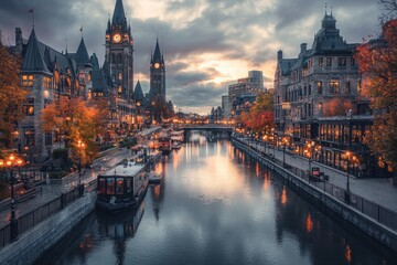 Obraz premium A serene cityscape at dusk, featuring historical buildings and a calm river, surrounded by autumn foliage and a dramatic sky.