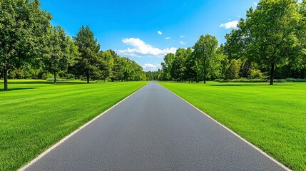 A beautiful, serene pathway lined with lush green trees under a bright blue sky.