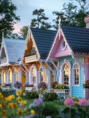 Three pastel-colored charming houses with ornate details, surrounded by vibrant flowers and lush greenery at dusk.