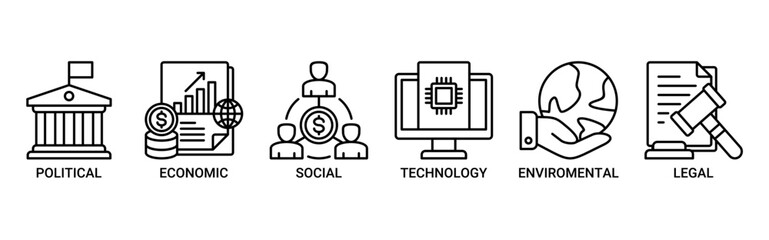 Political economic social technological environmental legal with icon of governance, finance, network, automation, ecology, law statement icons. Outline vector symbol background.