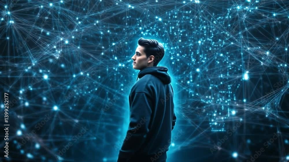 Wall mural envisioning the digital realm: a contemplative figure contemplates a complex network of glowing data