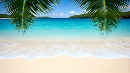 Fototapeta premium A stunningly realistic beach scene in 4K Ultra HD, with crystal clear turquoise waters, golden sands, and lush palm trees swaying in a gentle breeze, sunset over the ocean 1