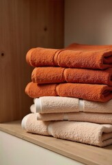 Warm & Textured Bathroom Decor: Stack of Folded Deep Orange & Beige Towels on a Wooden Shelf, Adding a Cozy Touch to Your Space.
