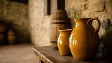 Rustic interior showcasing ceramic pots on a wooden table with barrels in a stone wall setting