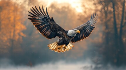 Obraz premium Majestic Bald Eagle in Flight: A Breathtaking Autumn Scene