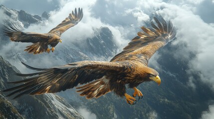 Fototapeta premium Majestic Golden Eagles Soaring Above the Clouds in the Mountains