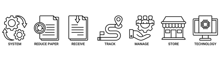 Document management icon set. Containing icon of system, reduce paper, receive, track, manage, store, cloud and technology icons. Outline vector symbol background.