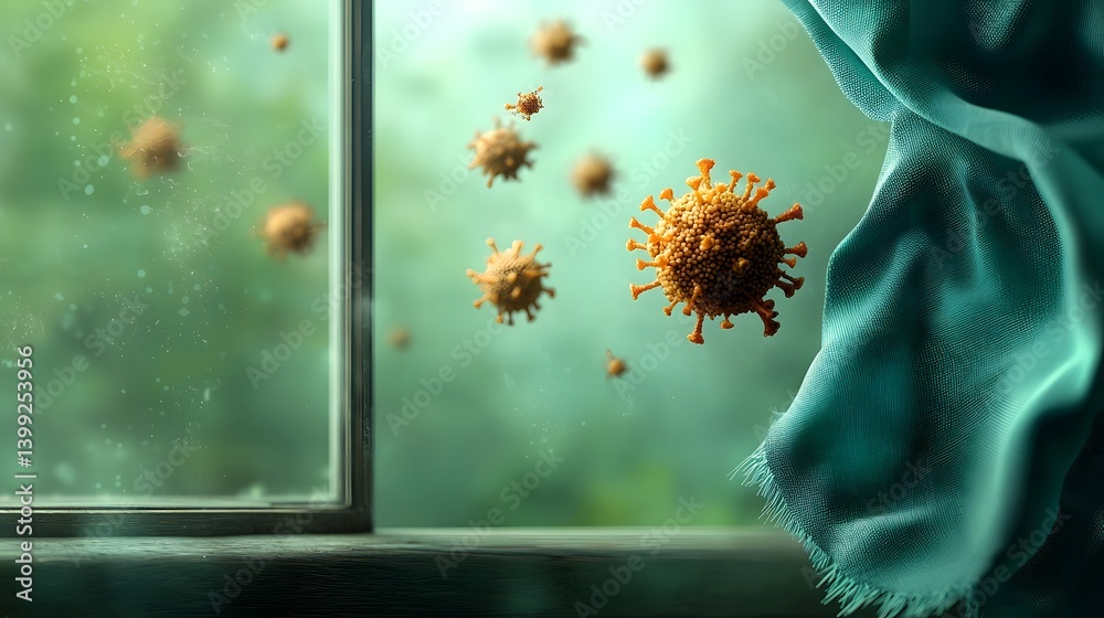 Poster swirling microscopic virus forms hover near a window with delicate billowing fabric in a soft hazy s
