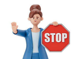 woman holding a stop sign, symbolizing halting or pausing actions. 3D rendering, conceptual image. Isolated on white background.