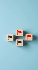 wooden blocks with flag icons,emotional abuse surfacing. Violation of one of the red flags.  three white blocks, one red block, Trust violations, manipulation, Relationship problems. 