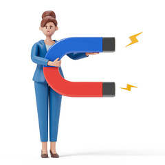 woman holding a magnet, symbolizing attraction or influence. 3D rendering, conceptual image. Isolated on white background.