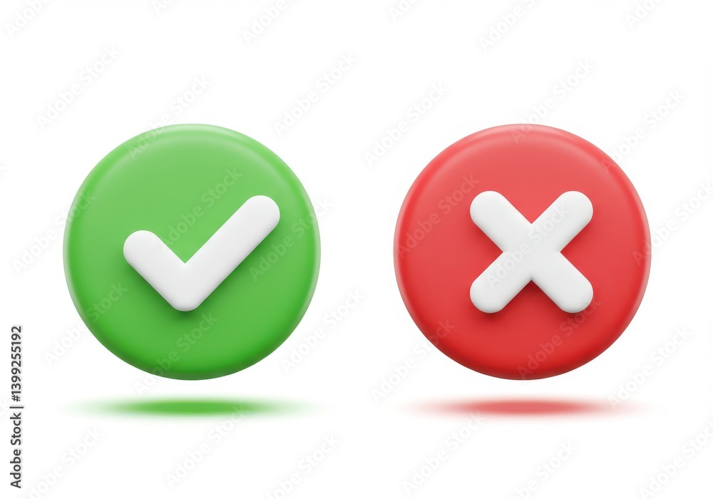 Fototapete a green check mark and a red x mark on a white background in a rendered style image design view