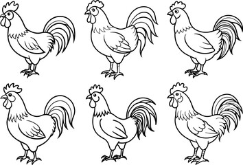 Set of rooster outline vector illustration line art