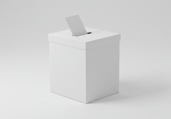White ballot box with a ballot partially inserted on a white background in a studio setting