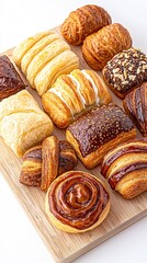 Fototapeta premium A delicious assortment of freshly baked pastries arranged on a wooden board, showcasing various textures and flavors.