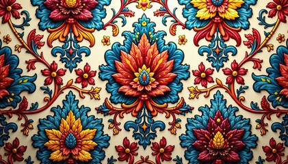 Intricate floral damask pattern, woven textile texture, classic, background, artwork