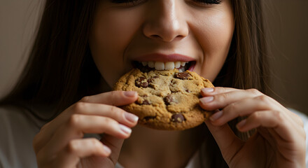 Woman Eating a Chocolate Chip Cookie Close-Up