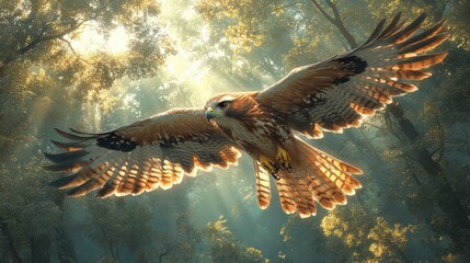 Fototapeta premium Majestic Hawk Soaring Through Sunlit Forest
