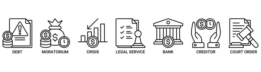 Bankruptcy icon set. Containing icon of crisis, debt, creditor, legal service, moratorium, court order, and bank icons. Outline vector symbol background.