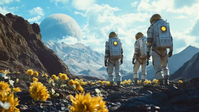A group of brave explorers finds themselves on a distant planet filled with astonishing alien flora all around them
