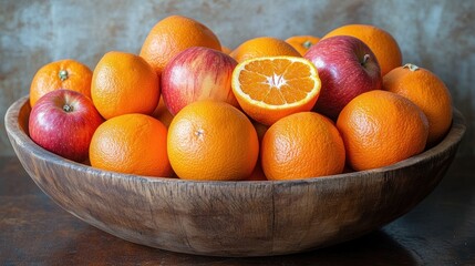 A Rustic Wooden Bowl Overflowing with Juicy Oranges and Red Apples, A Still Life of Fresh Fruit